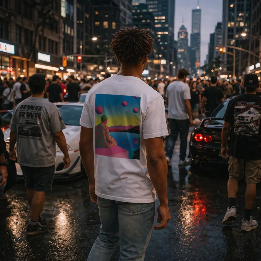 Surreal Figure Sitting By Psychedelic Lake – T-Shirts