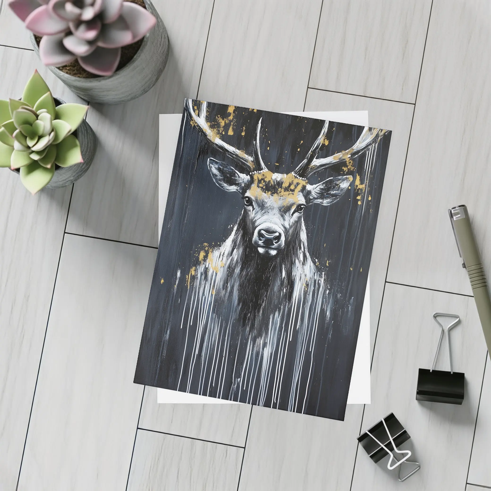 Black Gold Stag Deer Dark Drip Art – Postcards