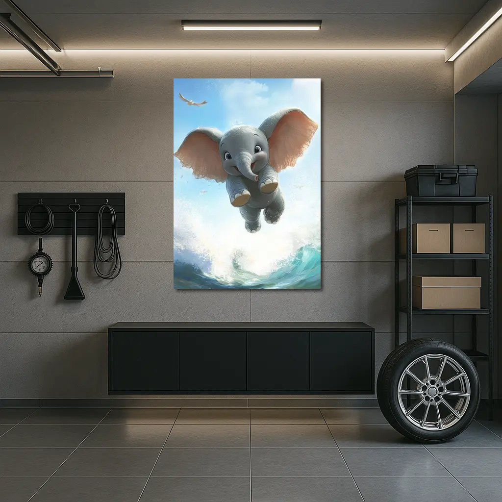 Cute Baby Elephant Flying Over Ocean Waves – Wall Art