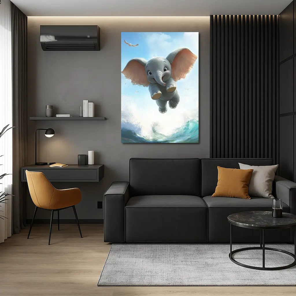 Cute Baby Elephant Flying Over Ocean Waves – Wall Art