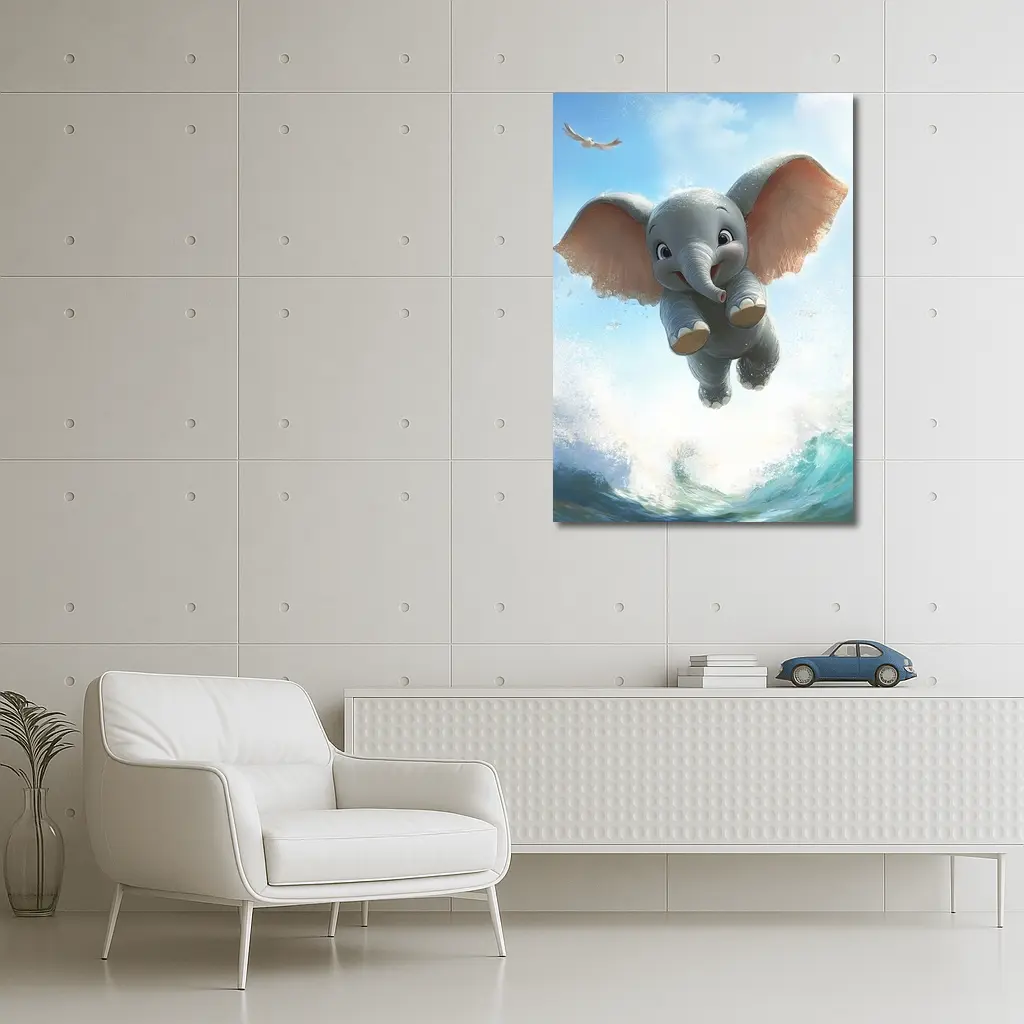 Cute Baby Elephant Flying Over Ocean Waves – Wall Art