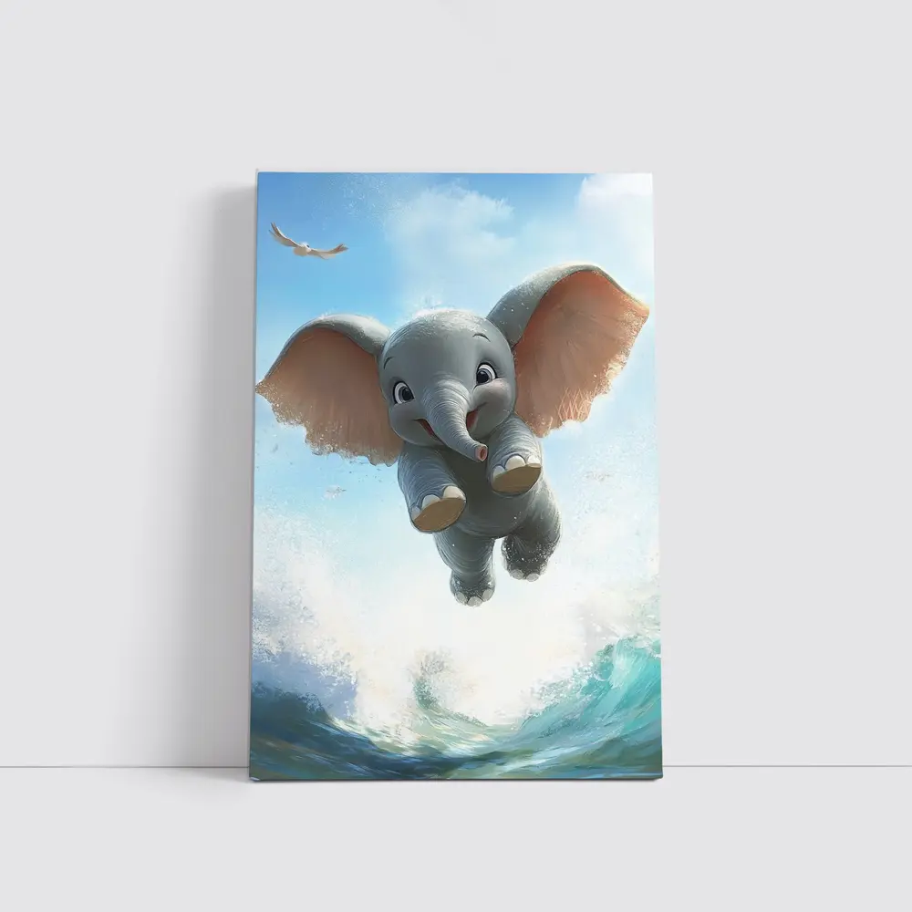 Cute Baby Elephant Flying Over Ocean Waves – Wall Art