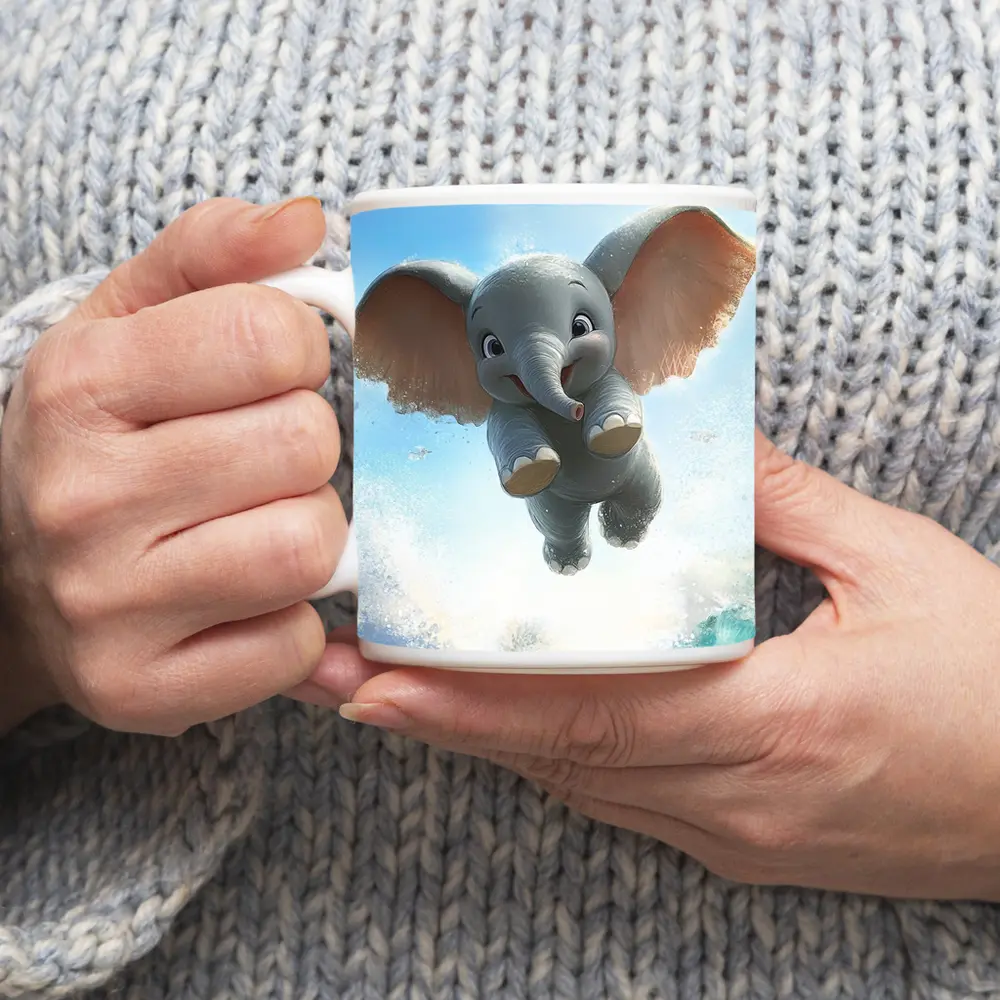 Cute Baby Elephant Flying Over Ocean Waves – Mugs