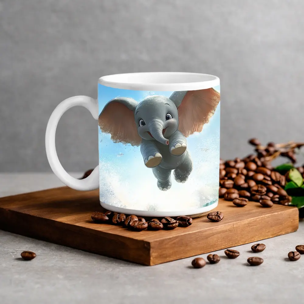 Cute Baby Elephant Flying Over Ocean Waves – Mugs
