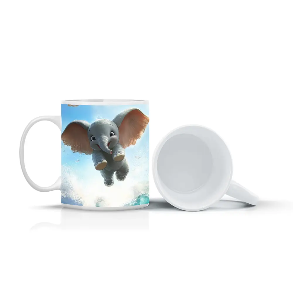 Cute Baby Elephant Flying Over Ocean Waves – Mugs