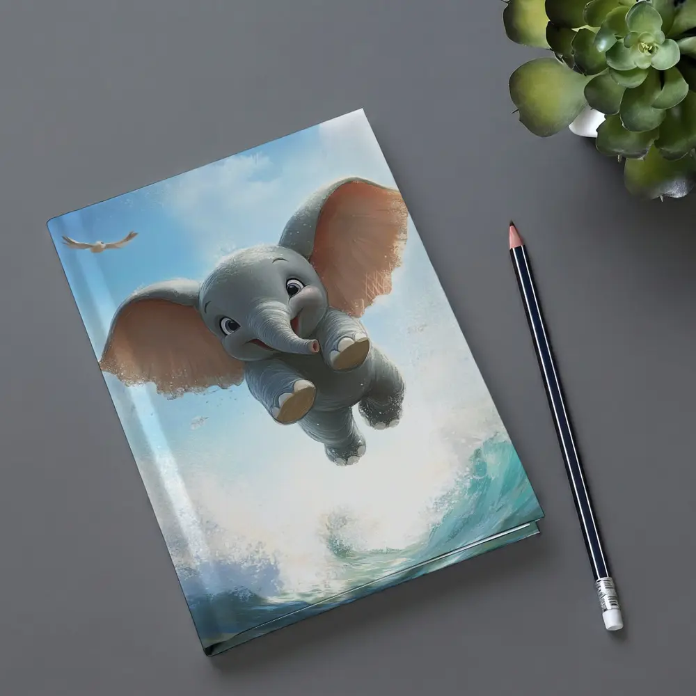 Cute Baby Elephant Flying Over Ocean Waves – Notebooks