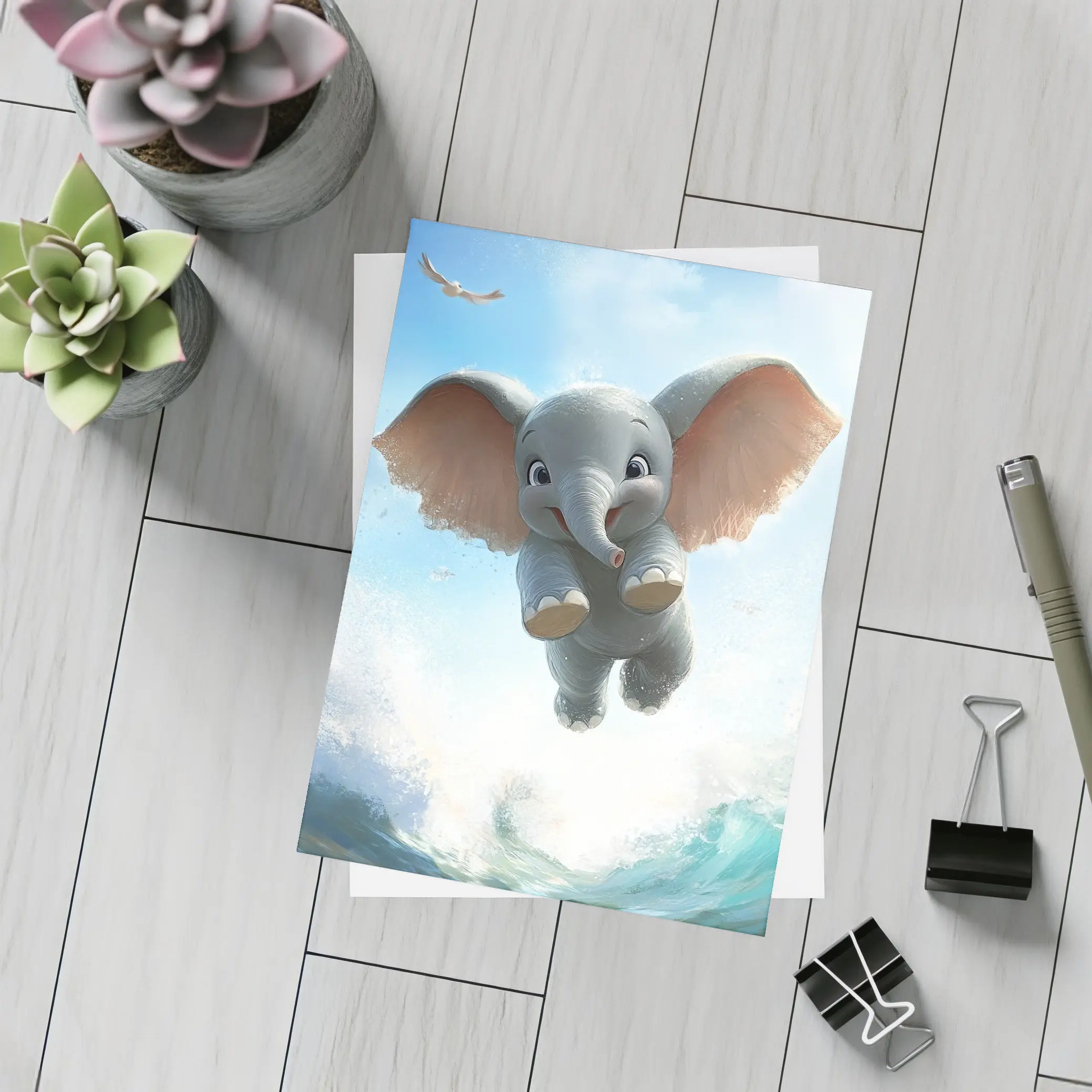 Cute Baby Elephant Flying Over Ocean Waves – Postcards