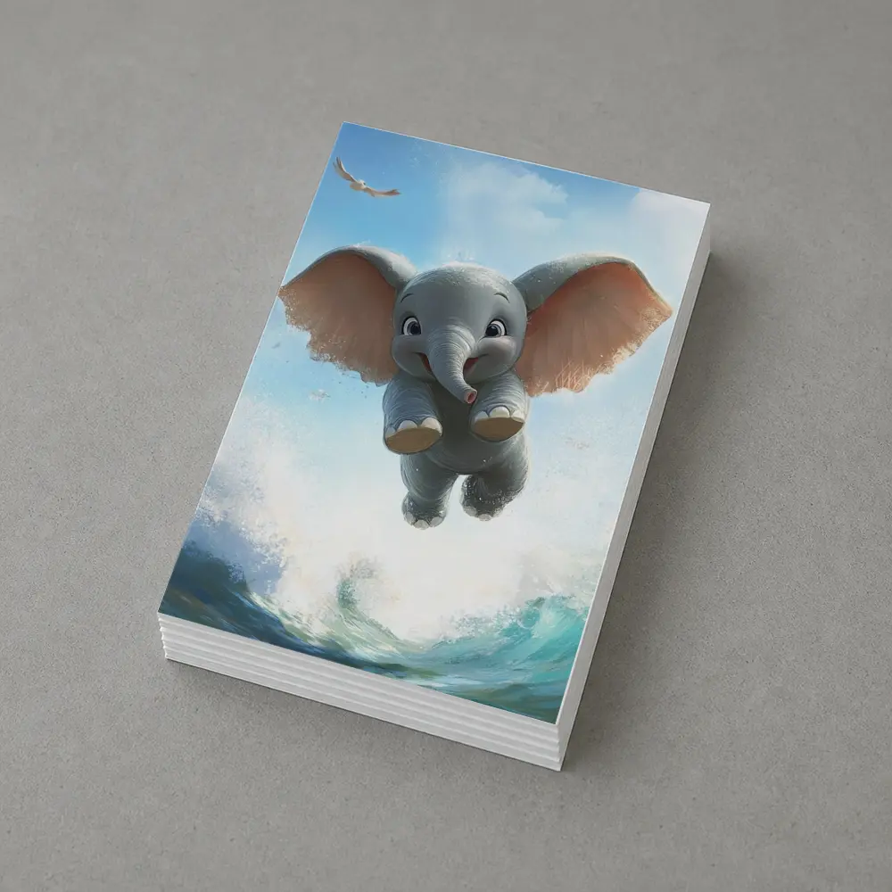 Cute Baby Elephant Flying Over Ocean Waves – Postcards