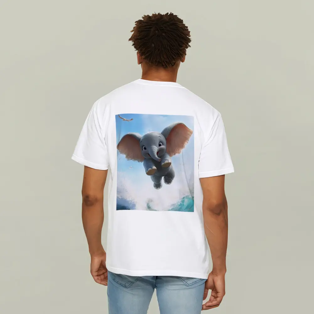 Cute Baby Elephant Flying Over Ocean Waves – T-Shirts