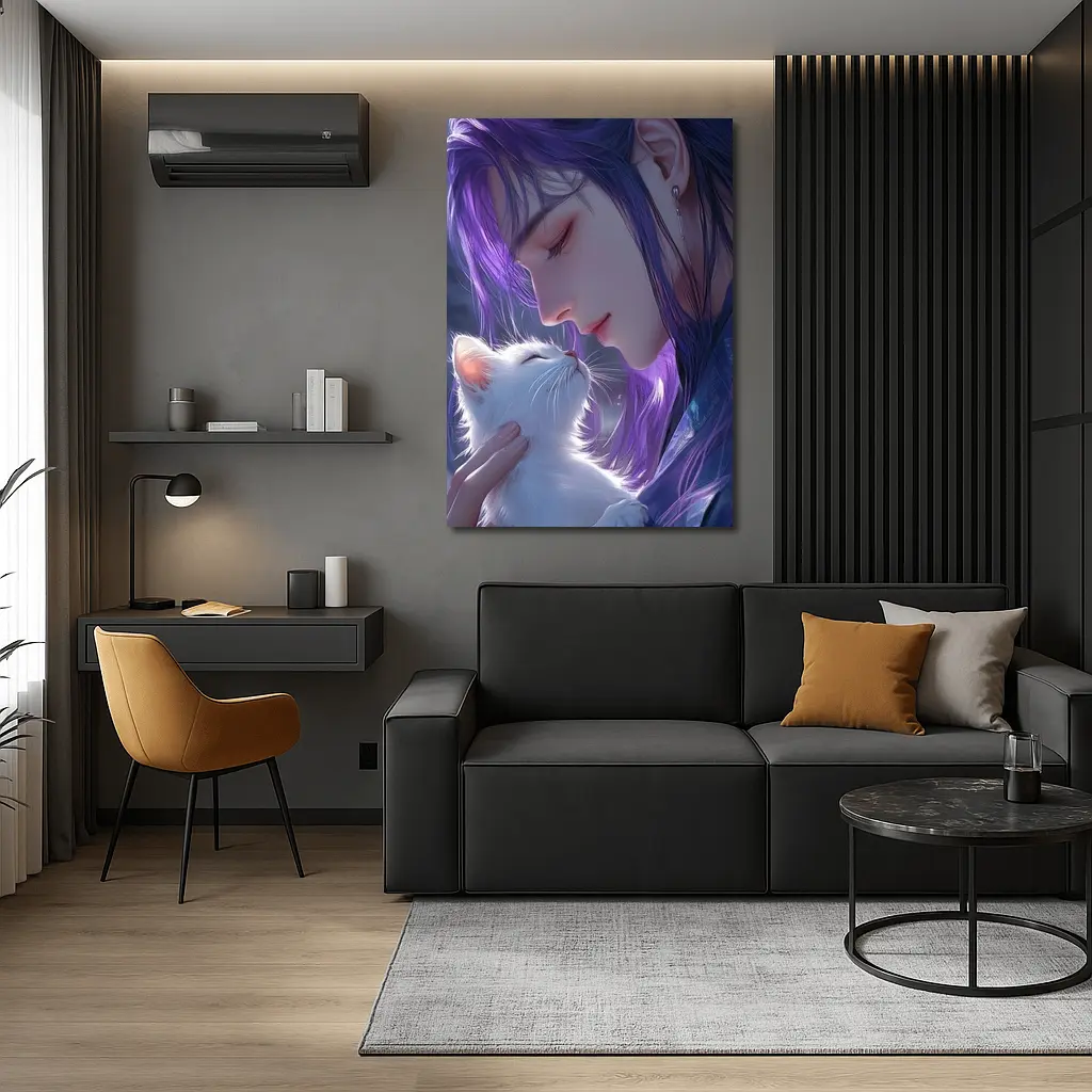 Anime Boy Purple Hair White Cat Art – Wall Art