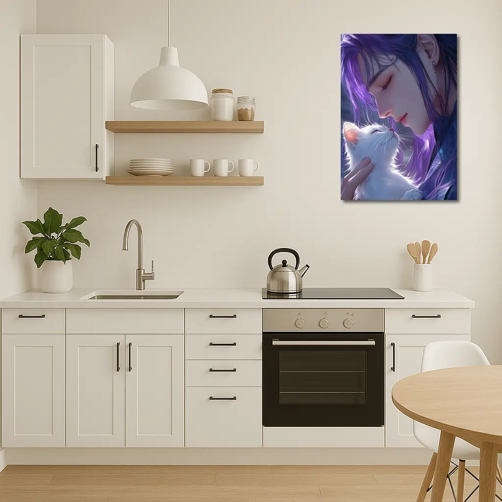 Anime Boy Purple Hair White Cat Art – Wall Art