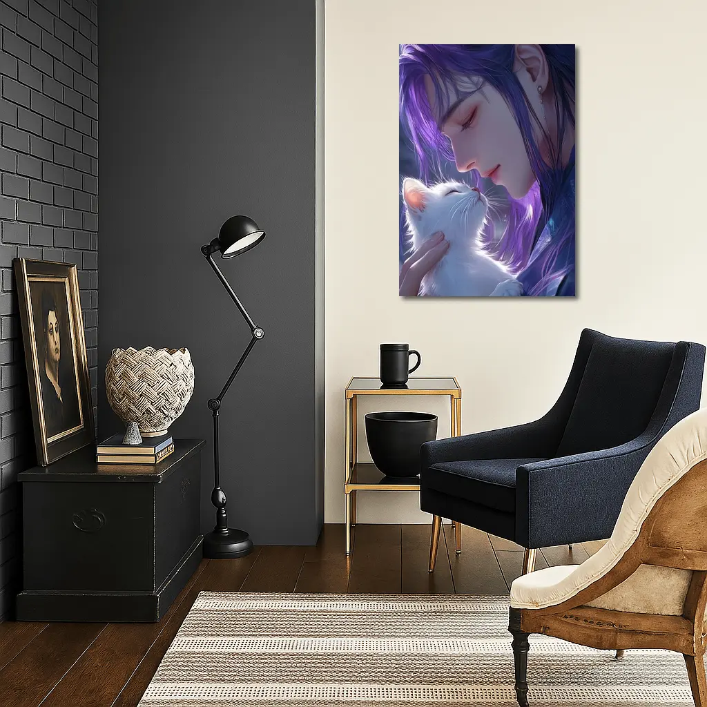 Anime Boy Purple Hair White Cat Art – Wall Art