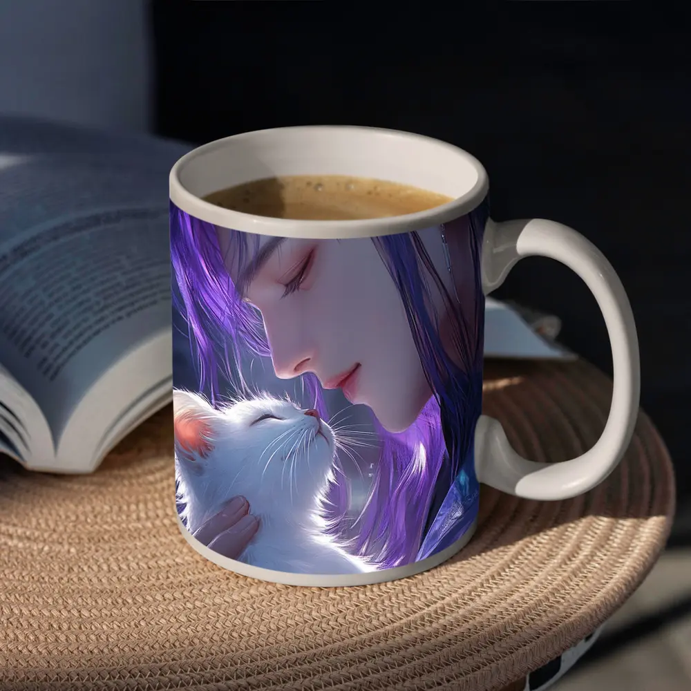 Anime Boy Purple Hair White Cat Art – Mugs