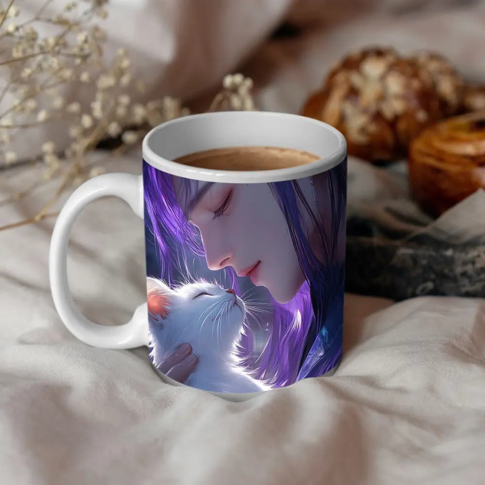 Anime Boy Purple Hair White Cat Art – Mugs