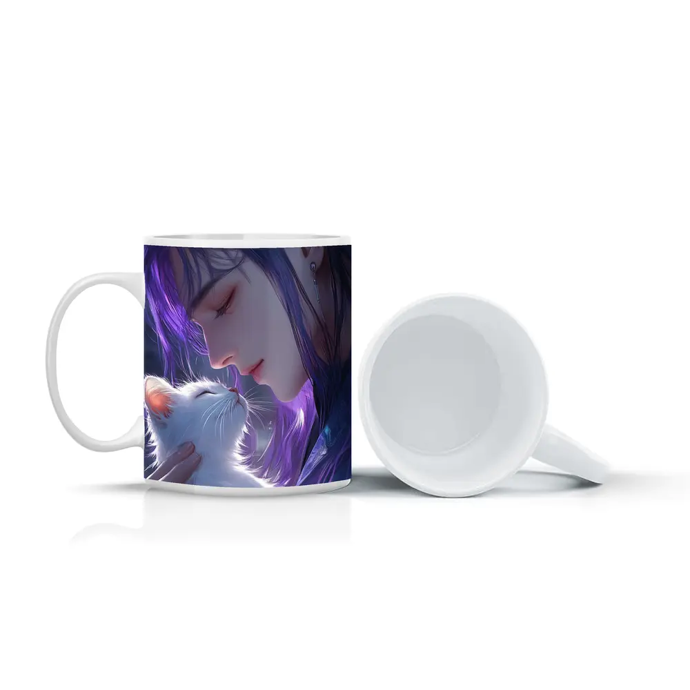 Anime Boy Purple Hair White Cat Art – Mugs