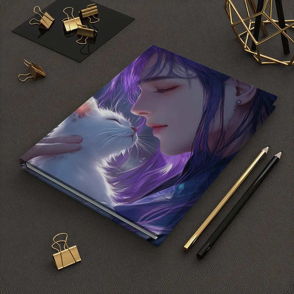 Anime Boy Purple Hair White Cat Art – Notebooks