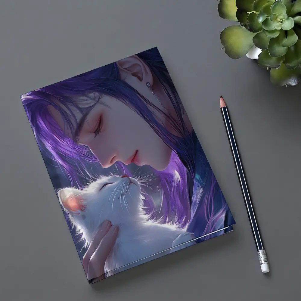 Anime Boy Purple Hair White Cat Art – Notebooks