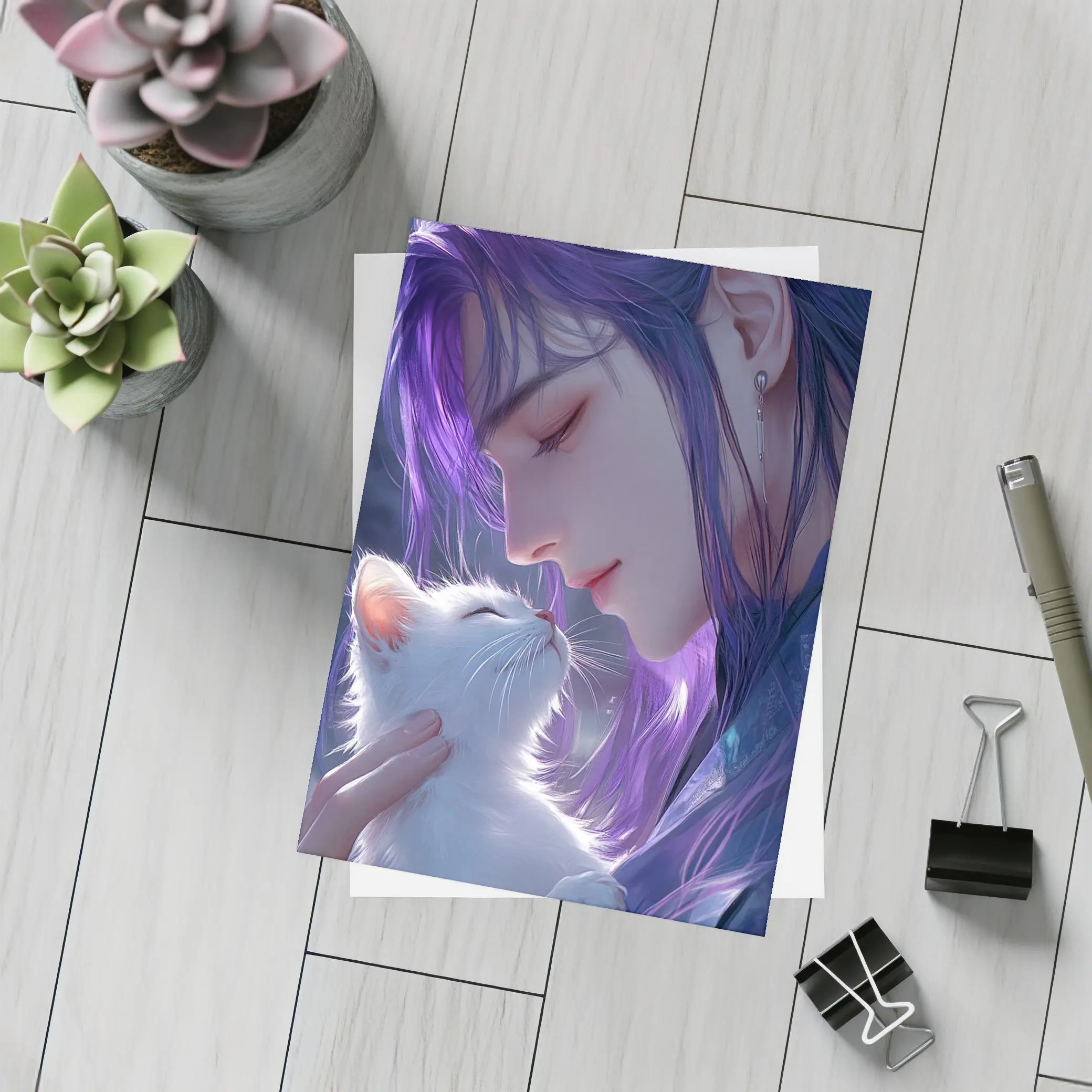 Anime Boy Purple Hair White Cat Art – Postcards