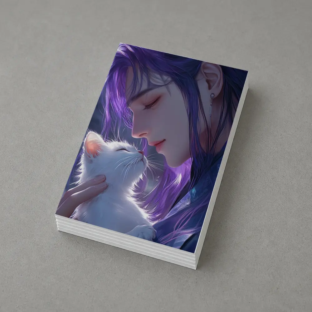 Anime Boy Purple Hair White Cat Art – Postcards