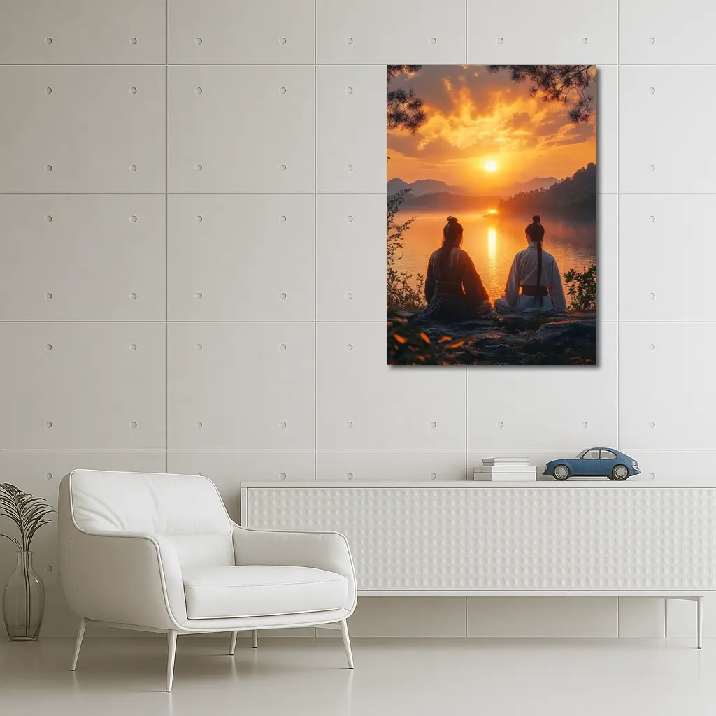 Two Samurai Meditating By Sunset Lake – Wall Art