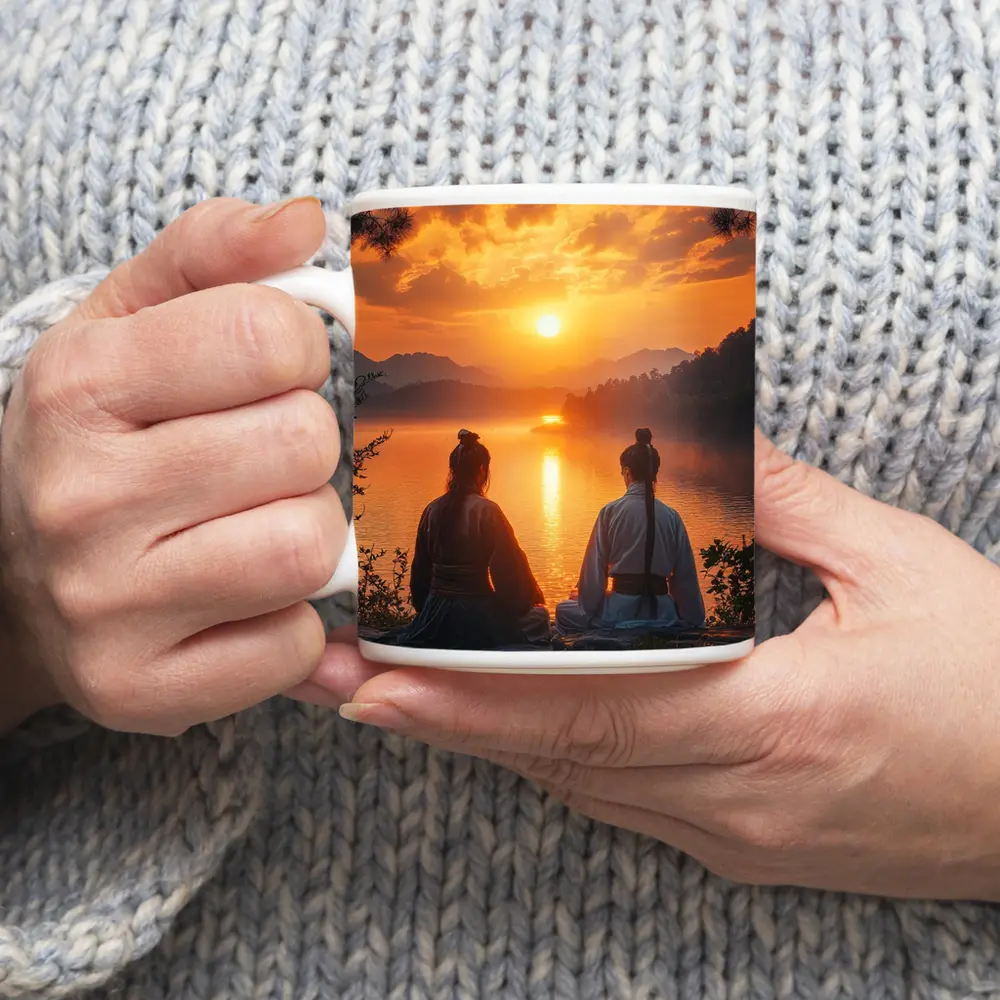 Two Samurai Meditating By Sunset Lake – Mugs