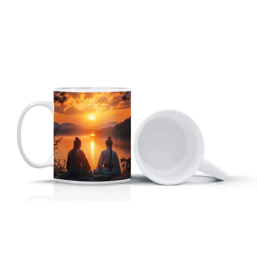Two Samurai Meditating By Sunset Lake – Mugs