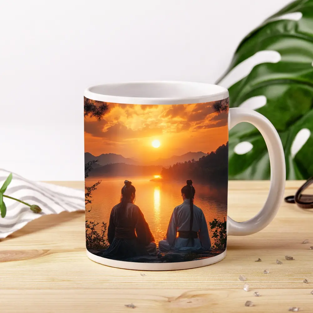 Two Samurai Meditating By Sunset Lake – Mugs