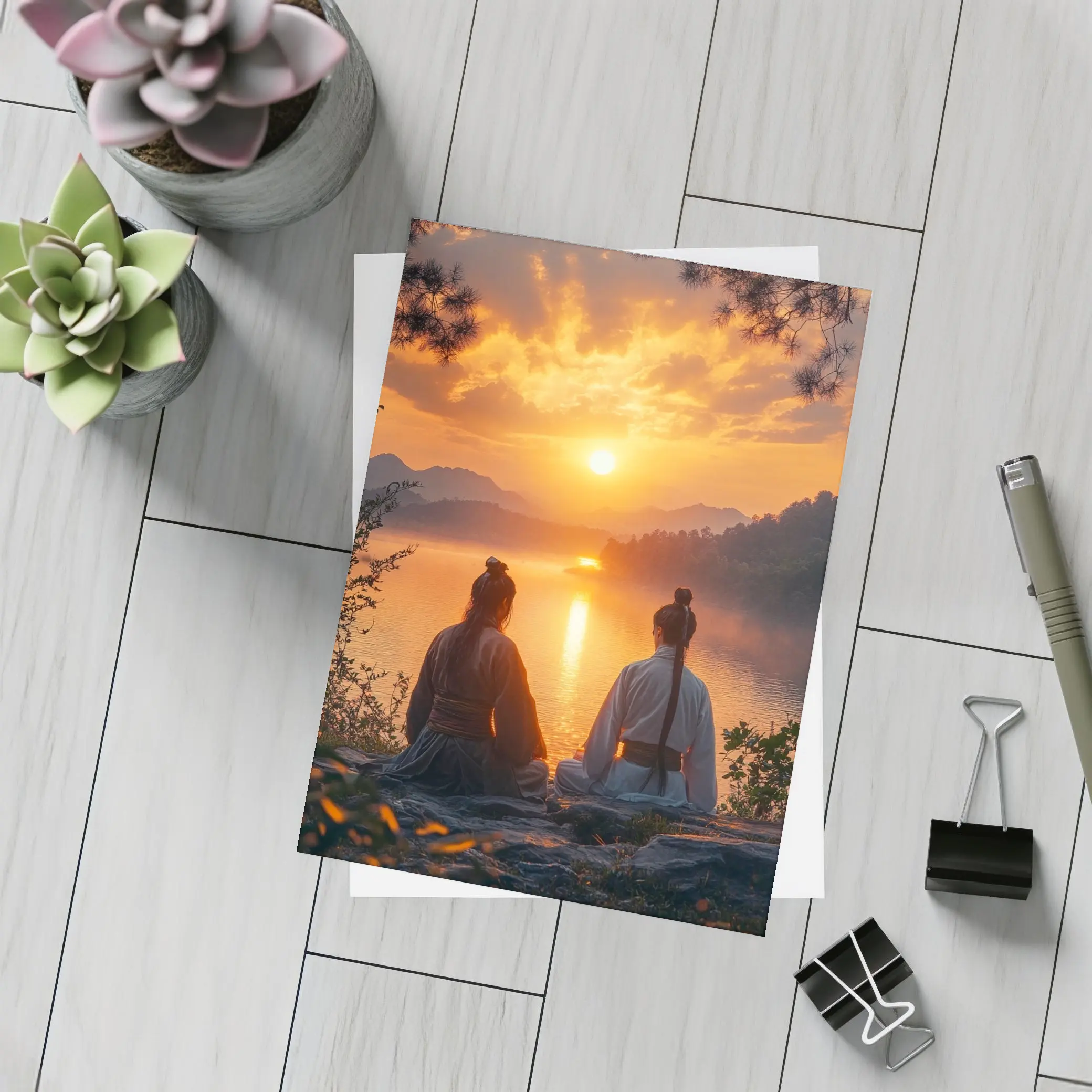 Two Samurai Meditating By Sunset Lake – Postcards