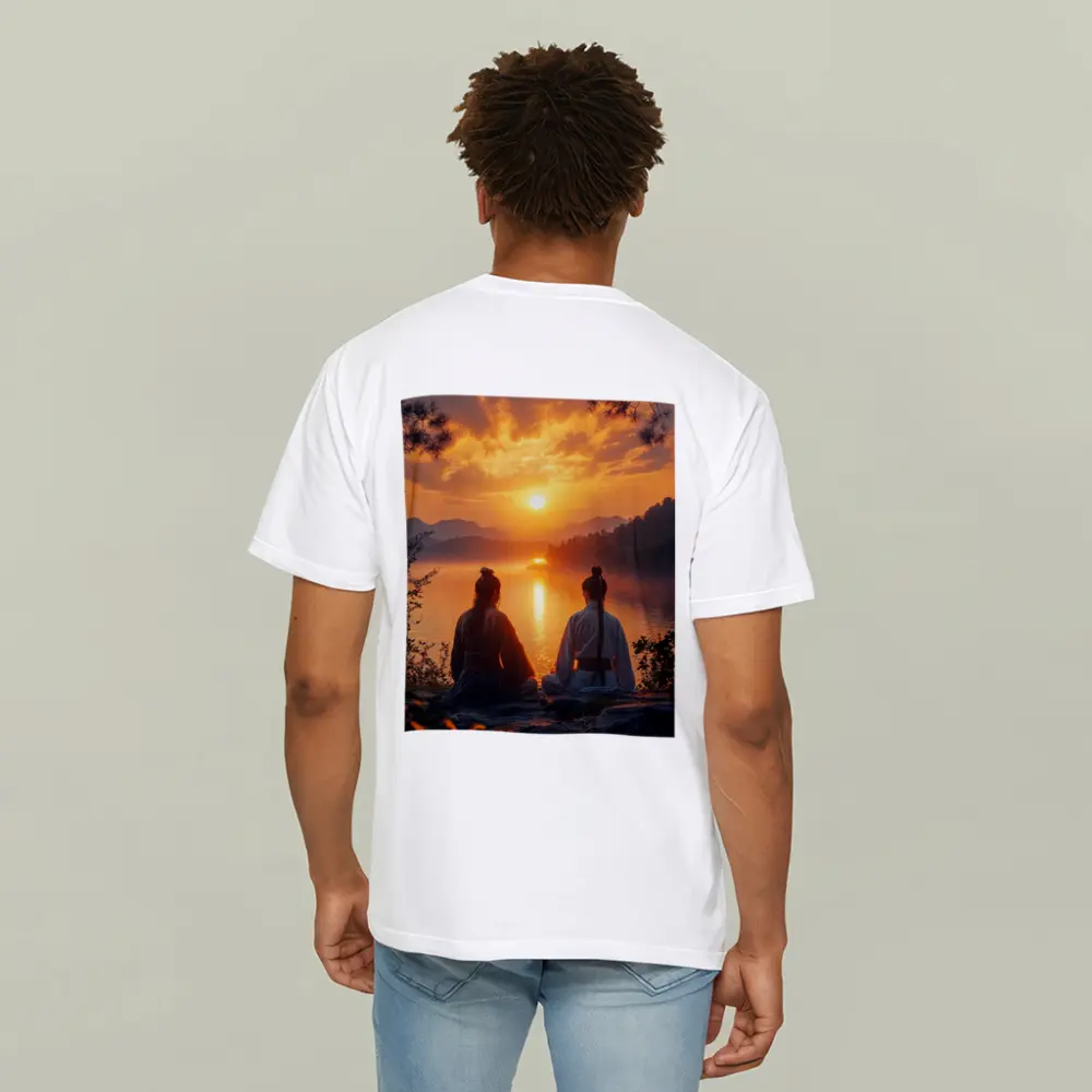 Two Samurai Meditating By Sunset Lake – T-Shirts