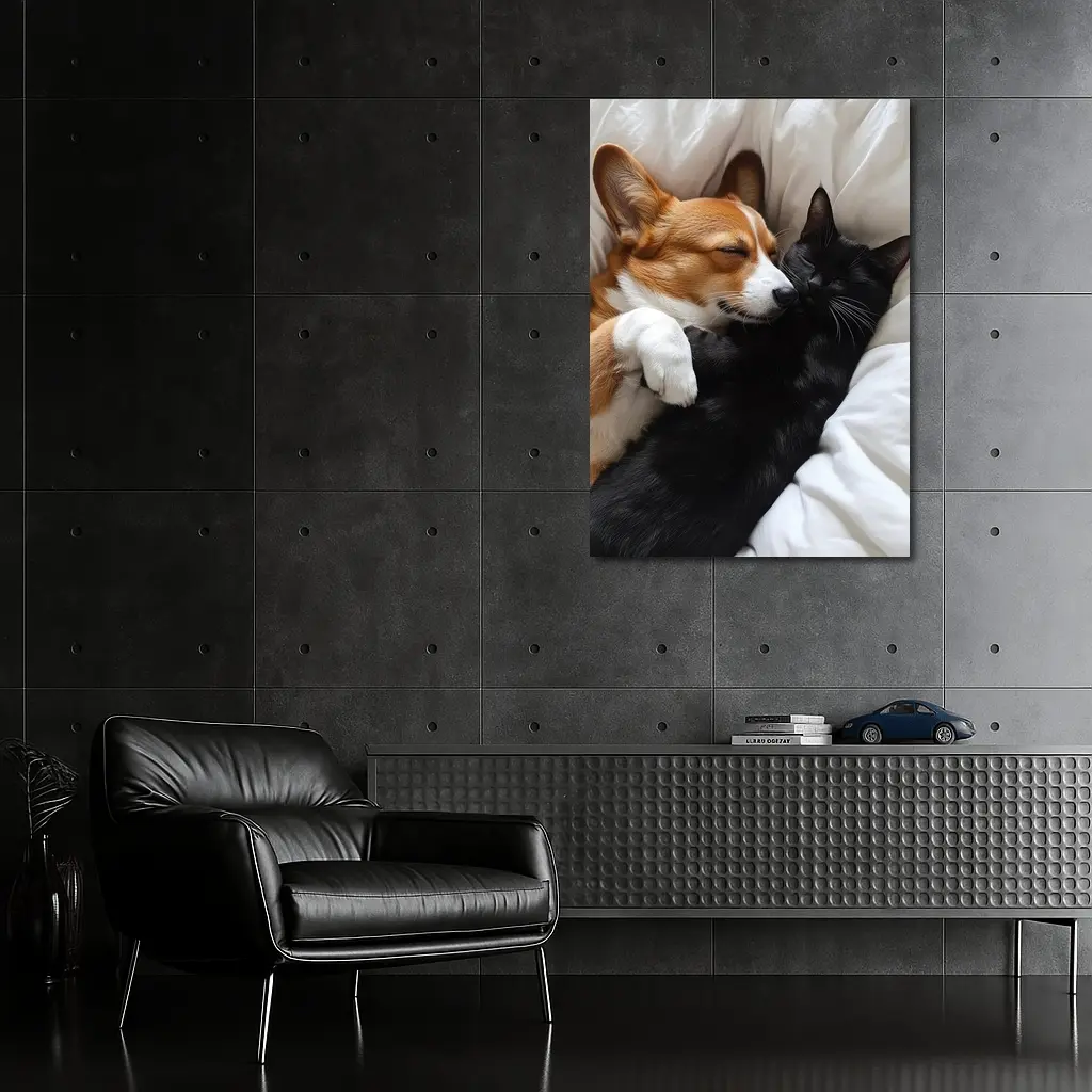 Corgi and Black Cat Cuddling on Bed – Wall Art
