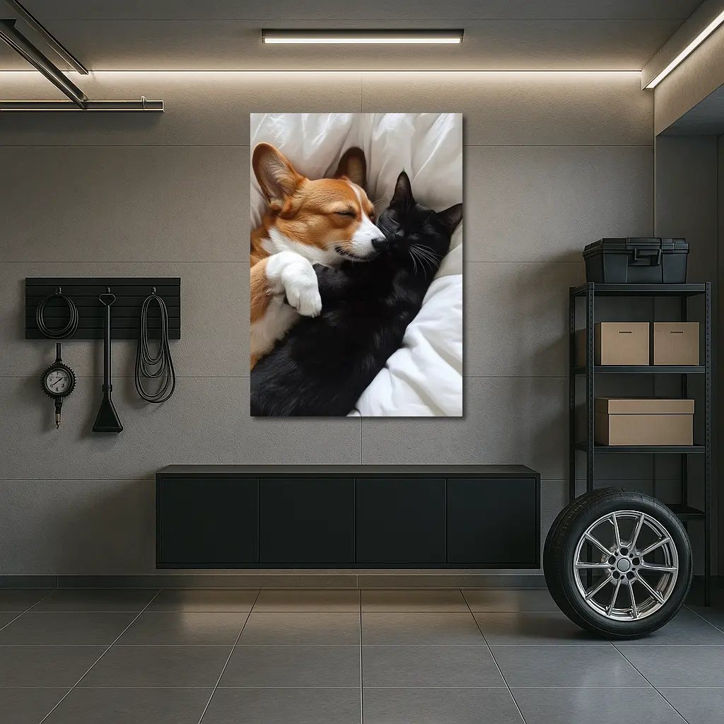 Corgi and Black Cat Cuddling on Bed – Wall Art