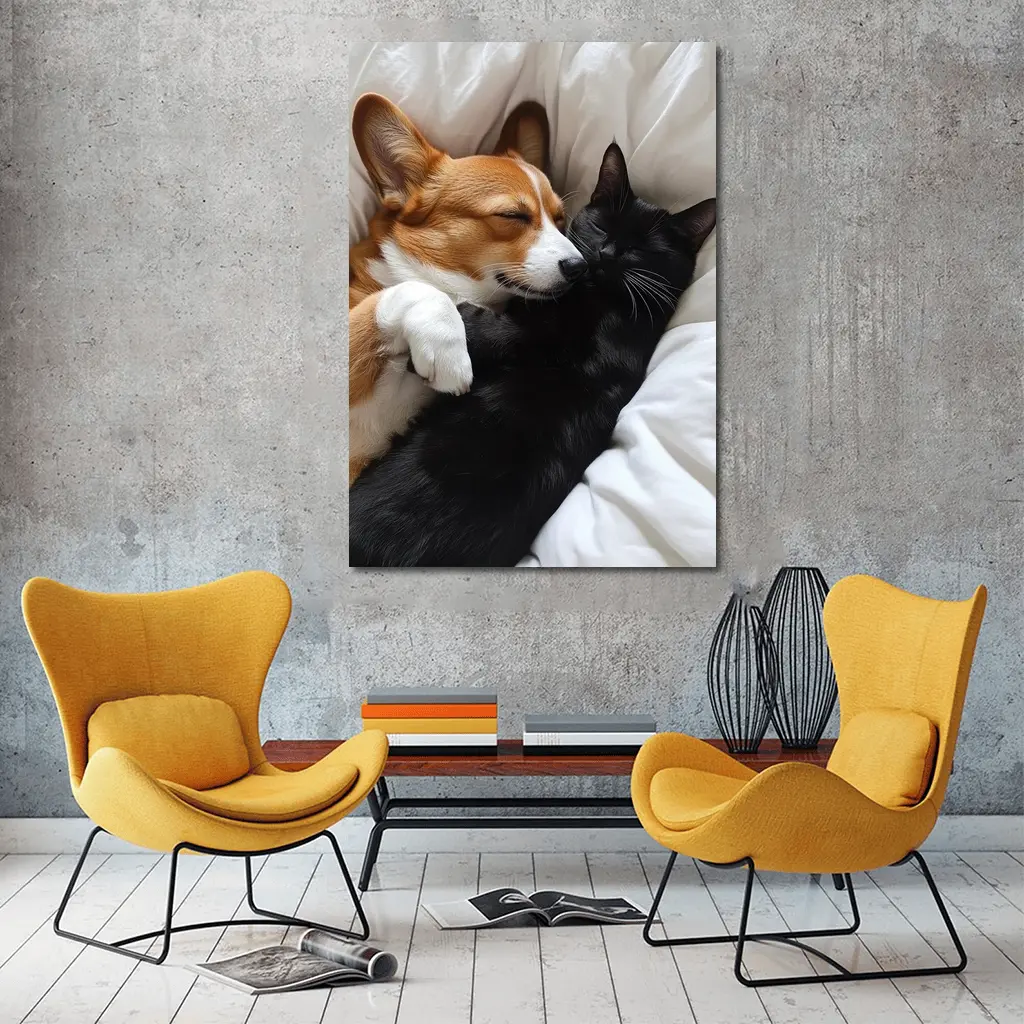 Corgi and Black Cat Cuddling on Bed – Wall Art