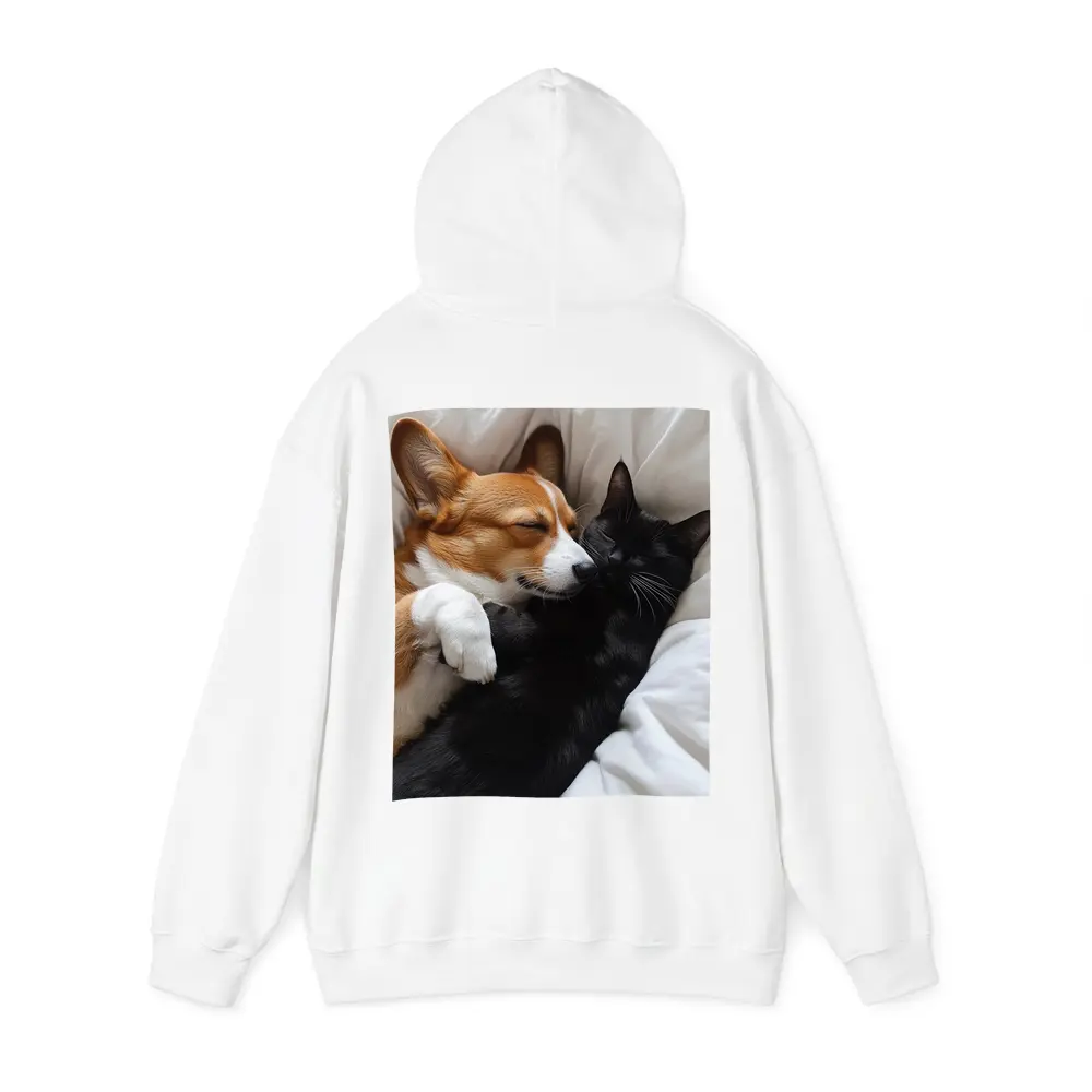 Corgi and Black Cat Cuddling on Bed – Hoodies