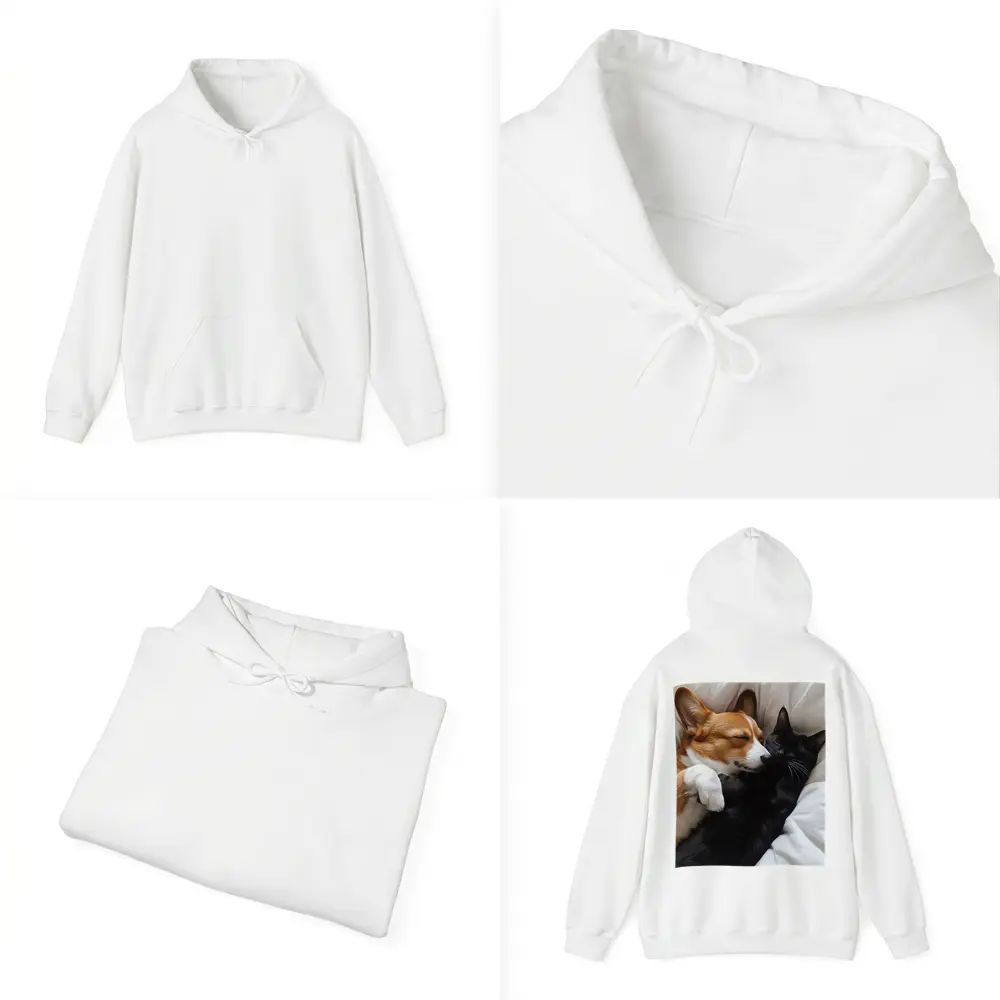 Corgi and Black Cat Cuddling on Bed – Hoodies