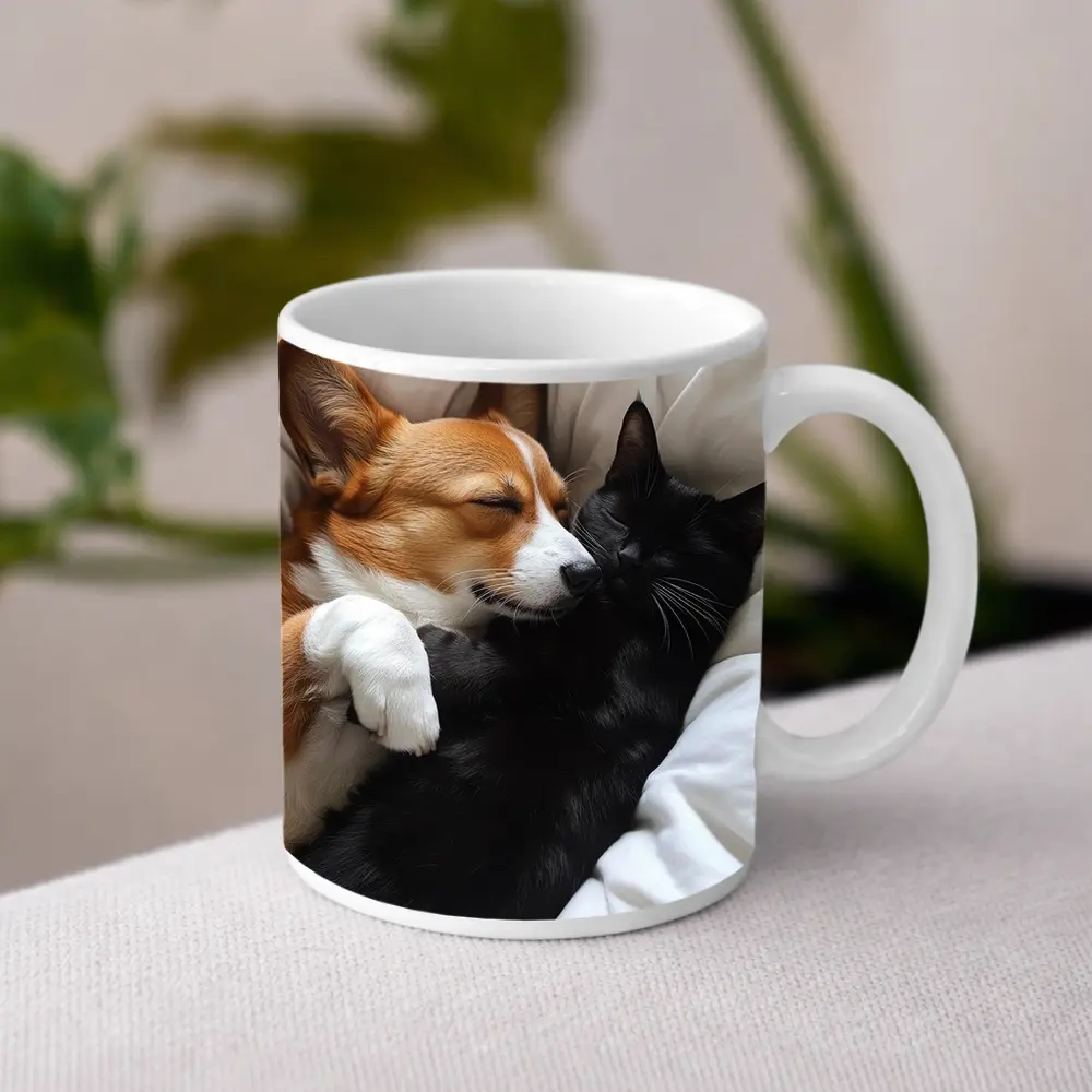Corgi and Black Cat Cuddling on Bed – Mugs