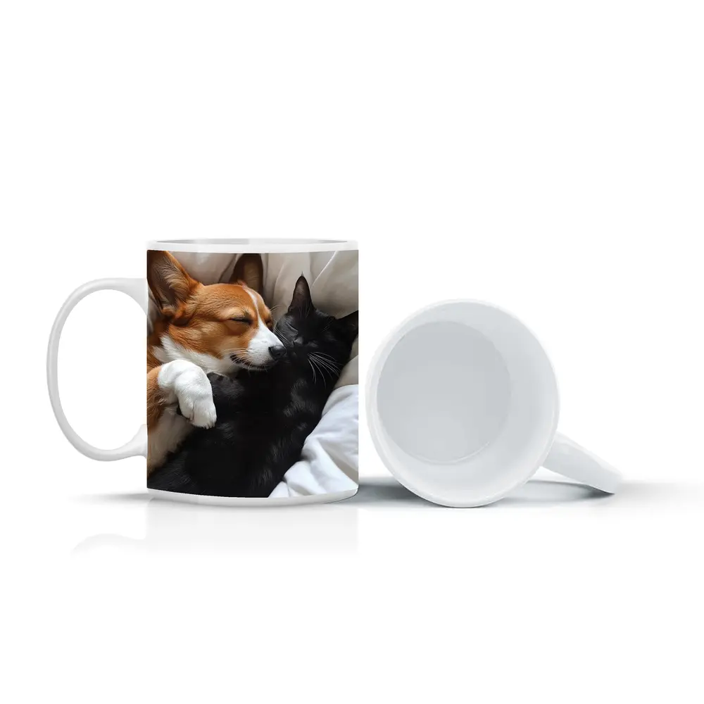 Corgi and Black Cat Cuddling on Bed – Mugs
