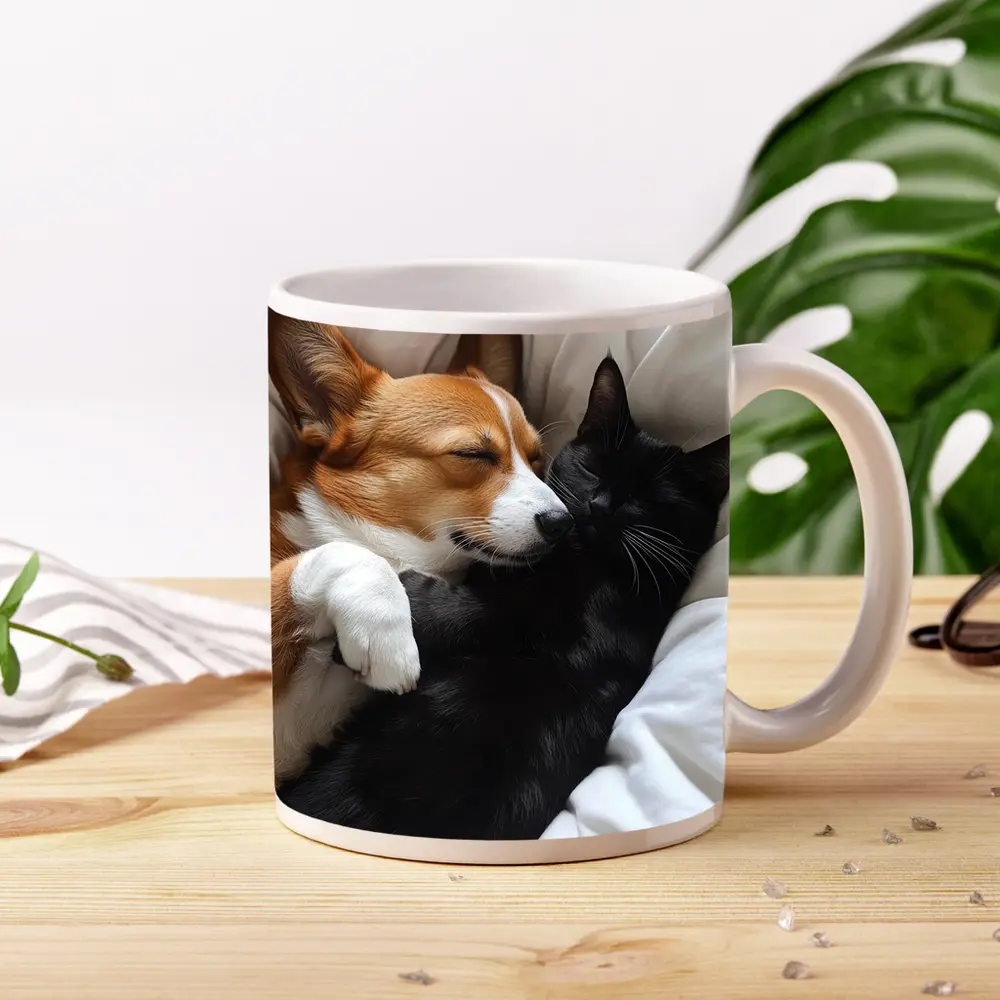 Corgi and Black Cat Cuddling on Bed – Mugs