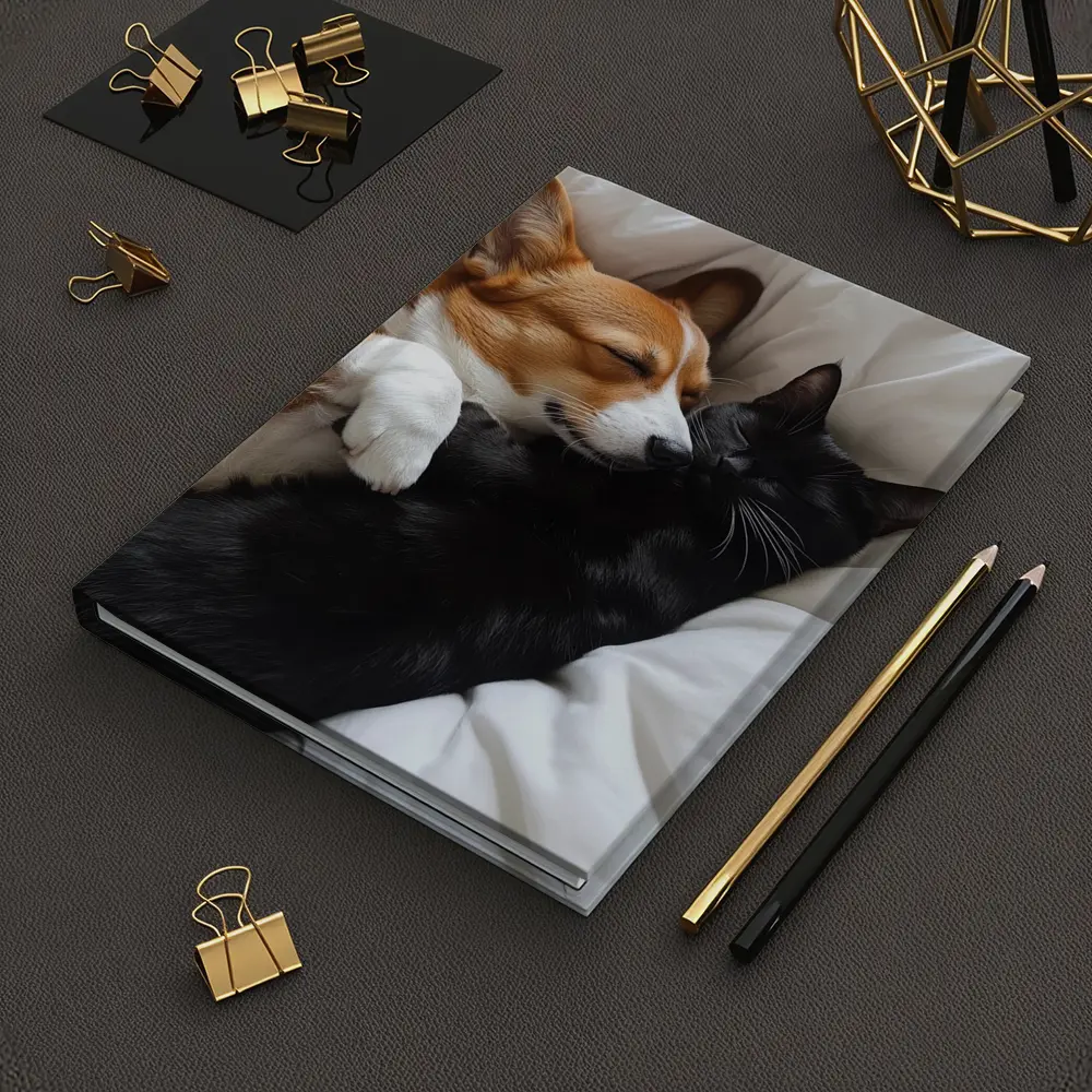 Corgi and Black Cat Cuddling on Bed – Notebooks