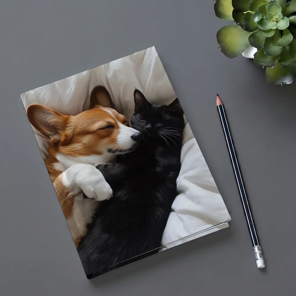 Corgi and Black Cat Cuddling on Bed – Notebooks