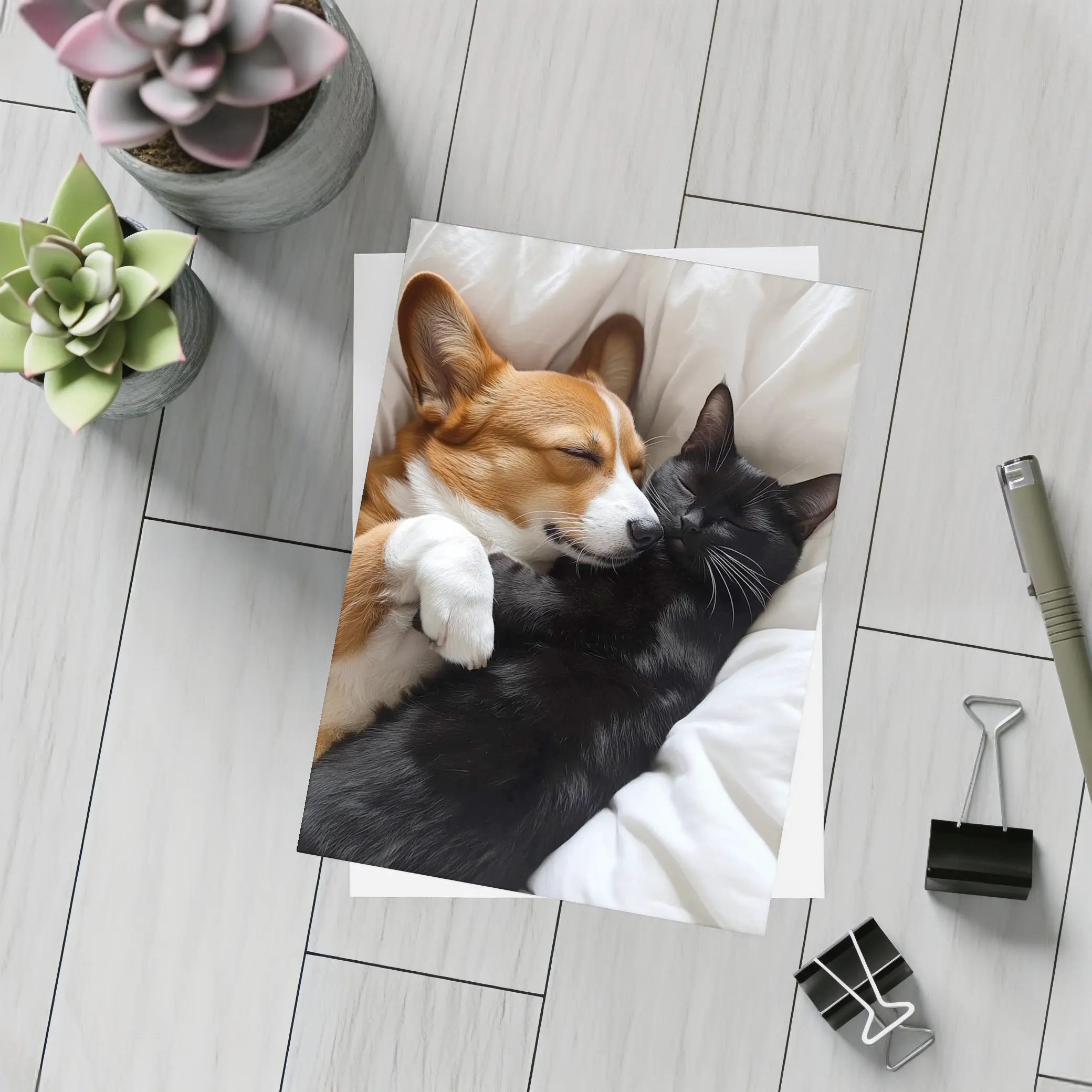 Corgi and Black Cat Cuddling on Bed – Postcards