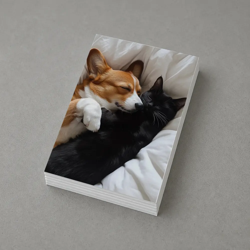 Corgi and Black Cat Cuddling on Bed – Postcards