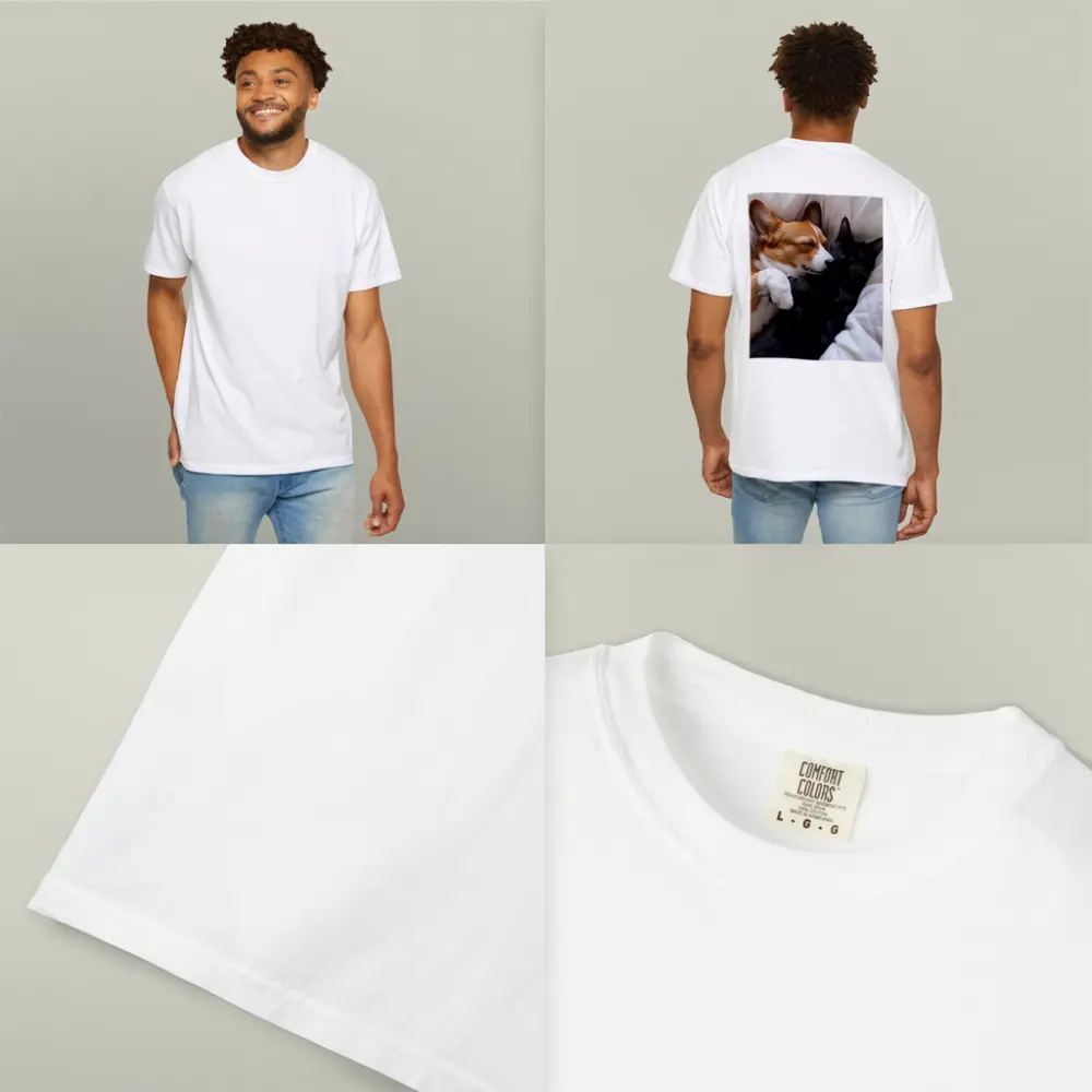 Corgi and Black Cat Cuddling on Bed – T-Shirts