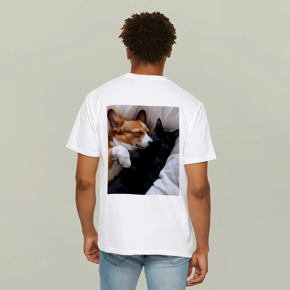 Corgi and Black Cat Cuddling on Bed – T-Shirts