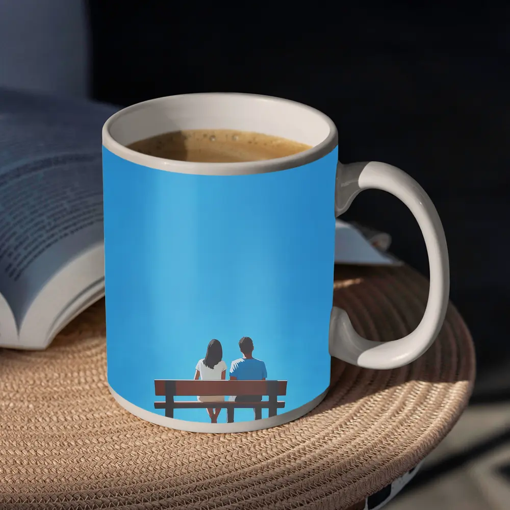 Couple Sitting On Bench Blue Sky – Mugs