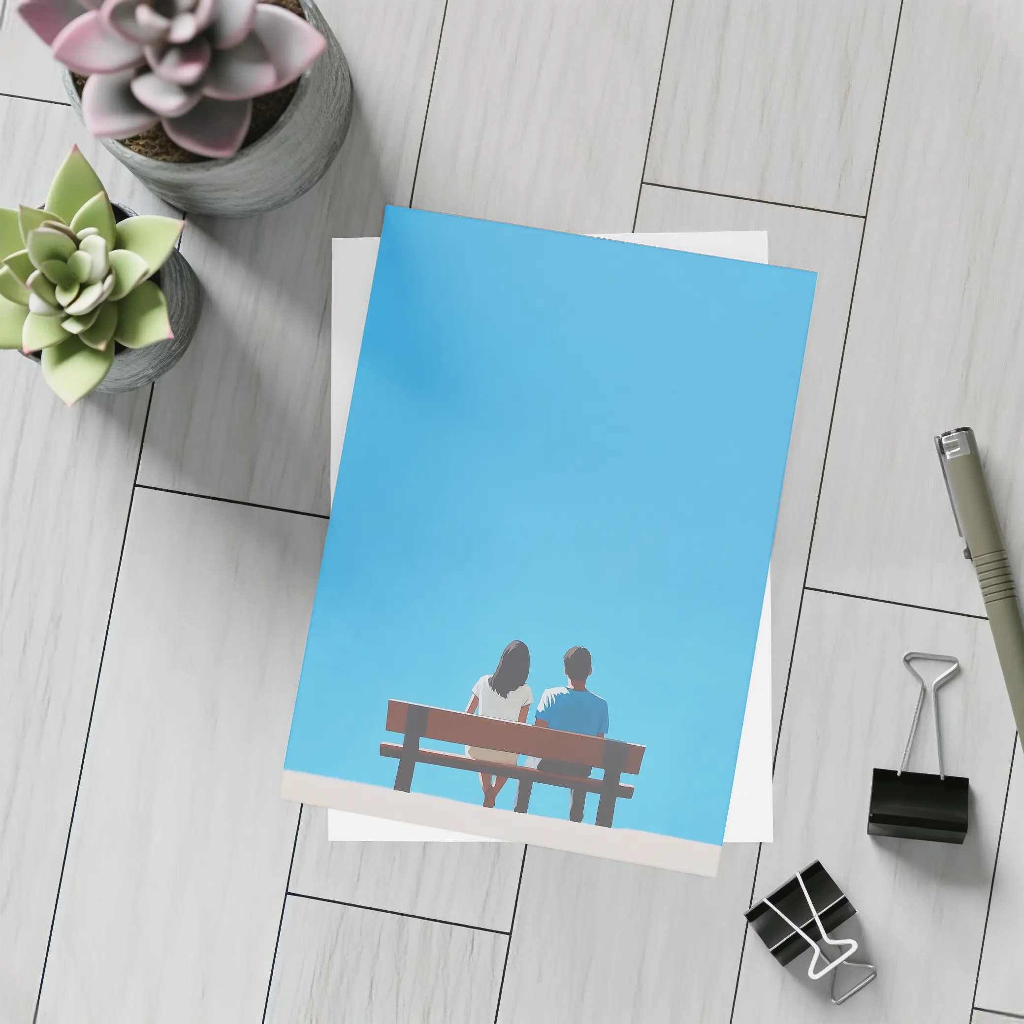 Couple Sitting On Bench Blue Sky – Postcards