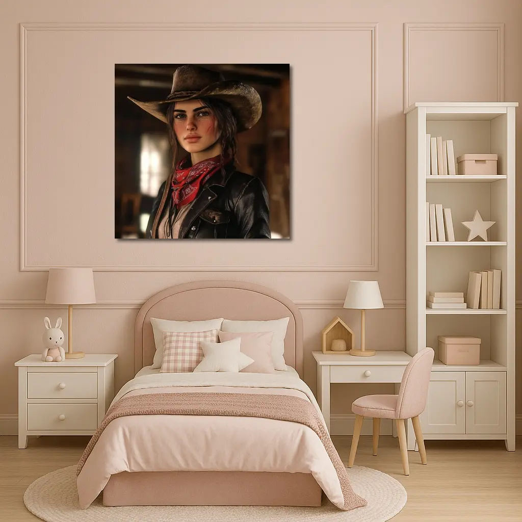 Cowgirl Woman Western Hat Red Bandana – Wall Art