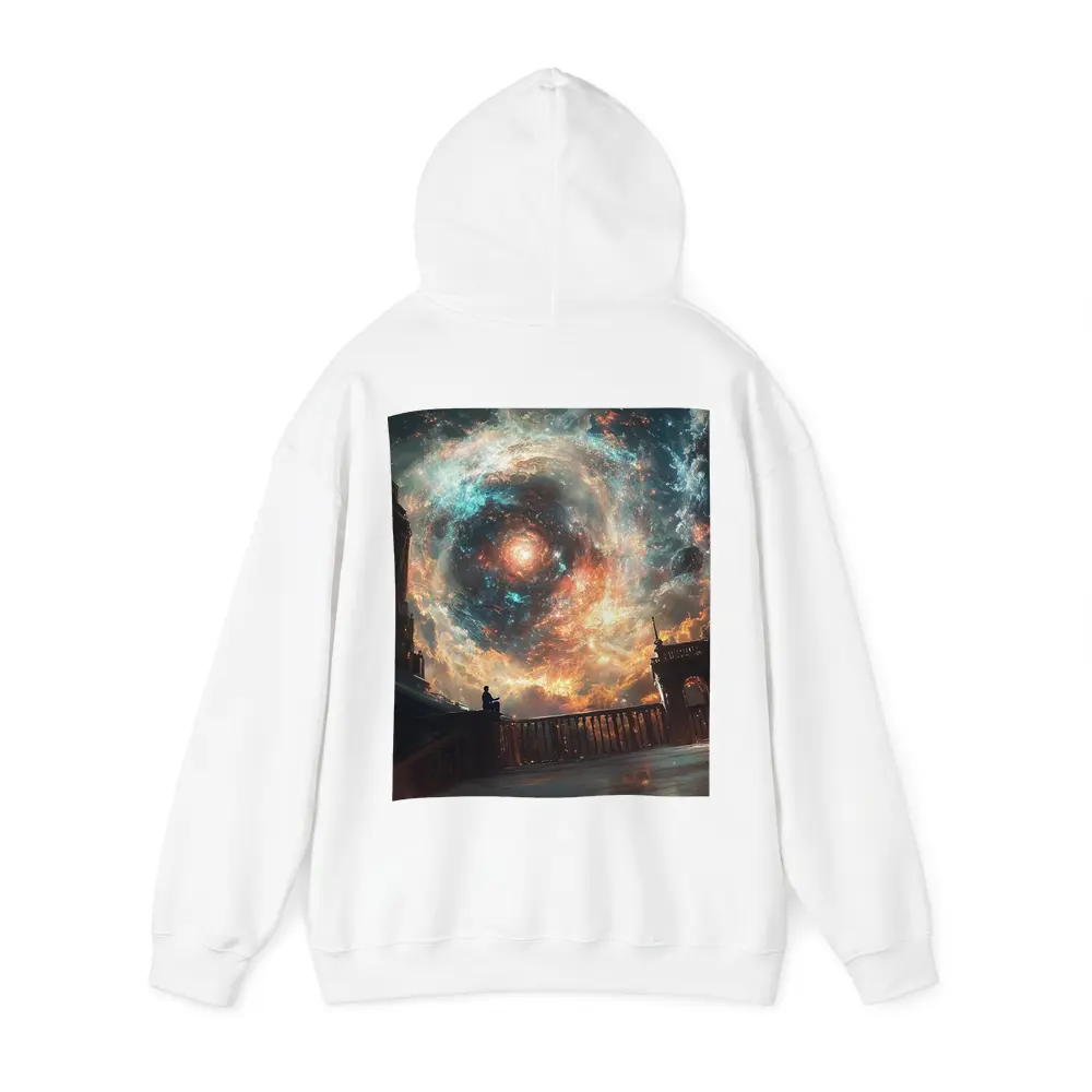 Solitary Figure Beneath Cosmic Galaxy Swirl – Hoodies