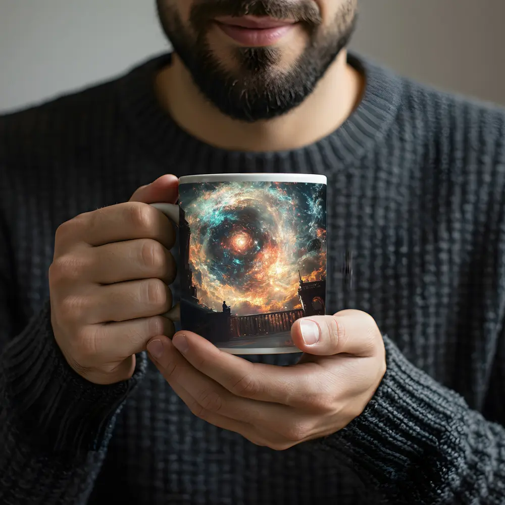 Solitary Figure Beneath Cosmic Galaxy Swirl – Mugs