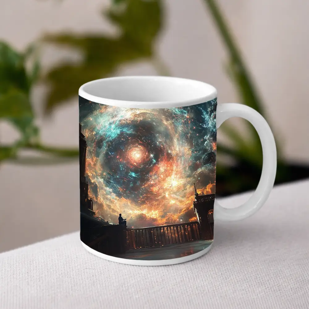 Solitary Figure Beneath Cosmic Galaxy Swirl – Mugs