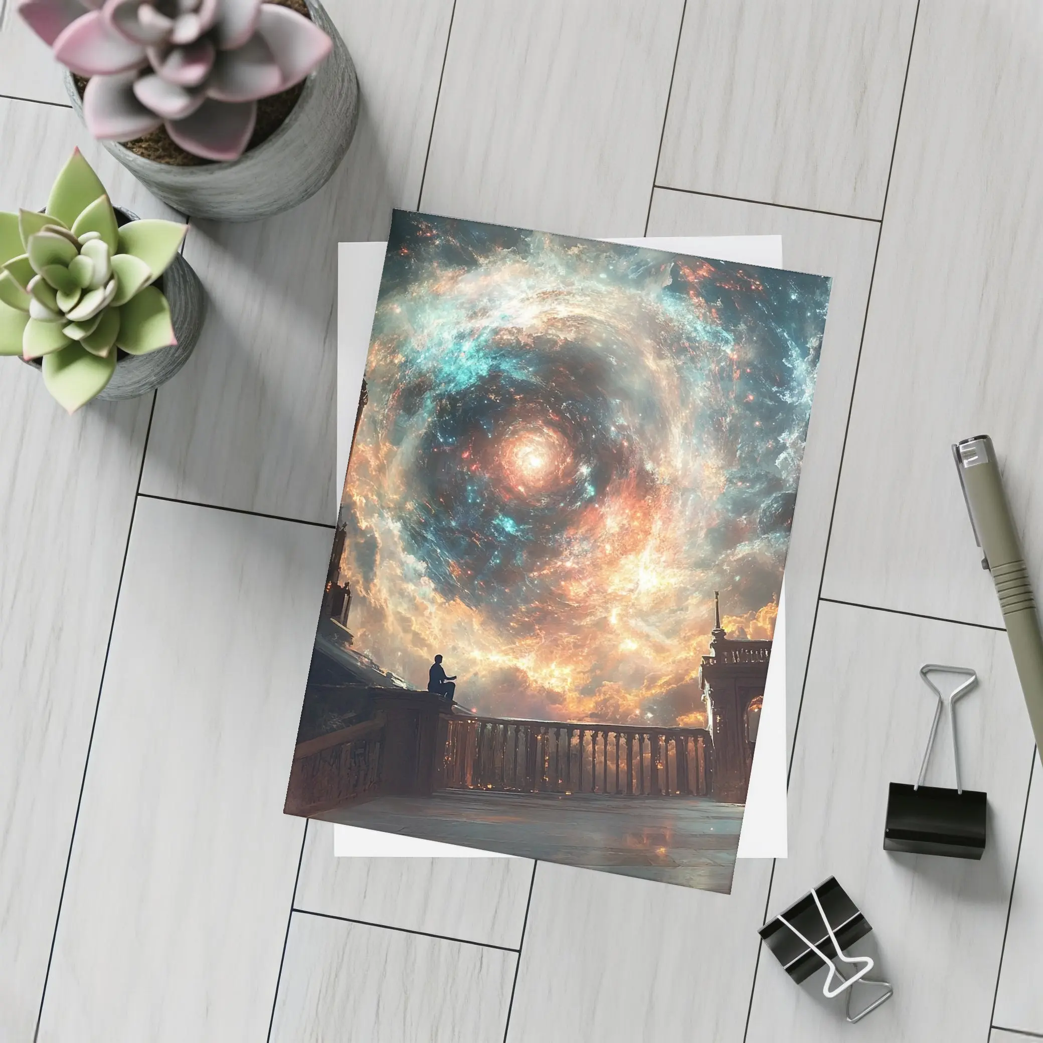 Solitary Figure Beneath Cosmic Galaxy Swirl – Postcards